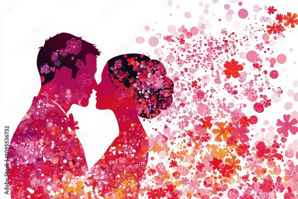 Two figures are depicted in silhouette, leaning towards each other in a kiss. They are surrounded by vibrant floral patterns in shades of pink, red, and orange, creating a romantic atmosphere.