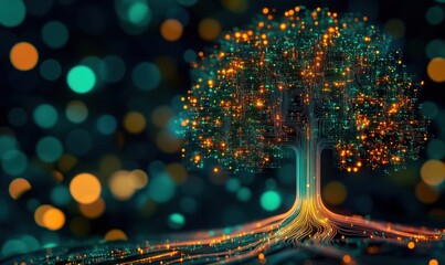 Poster - Digital tree with glowing circuits and bokeh background, representing technology and nature fusion
