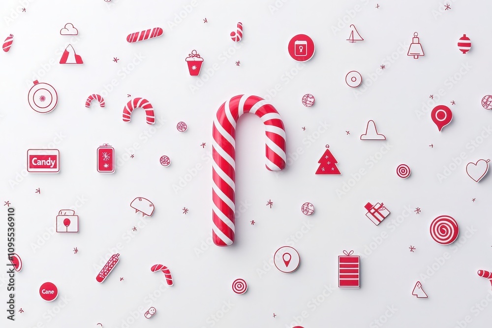 A vibrant display features a large candy cane surrounded by various holiday-themed icons such as gifts, ornaments, and snowflakes. The composition captures the spirit of celebration.