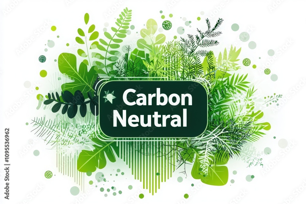 Vibrant green illustration highlights the concept of carbon neutrality, showcasing various plants and leaves.