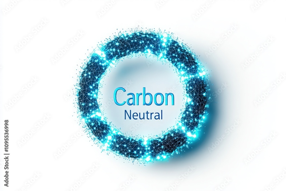 A circular design illustrates the concept of carbon neutrality, featuring glowing blue particles and clear text.