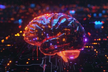 Poster - A digital brain with glowing circuits. AI.
