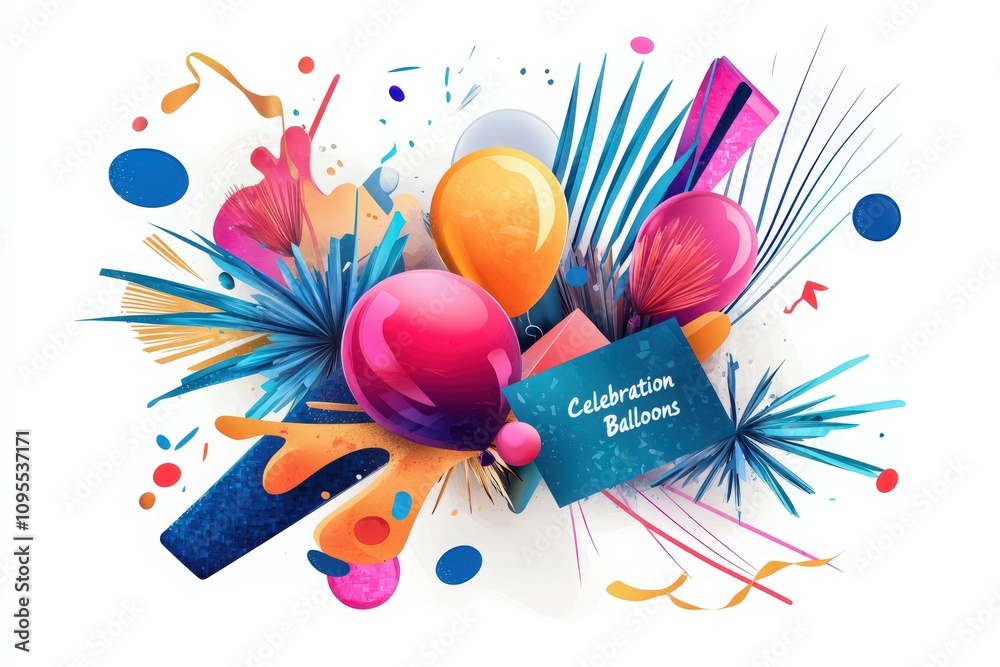 Brightly colored balloons and festive decorations create a lively atmosphere for a celebration. The arrangement features dynamic shapes and a mix of textures, suggesting fun and festivity.