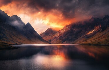 Wall Mural - Dramatic sunset over a mountain lake. AI.