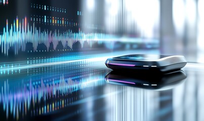 Poster - A sleek device on a reflective surface with sound wave graphics in the background.