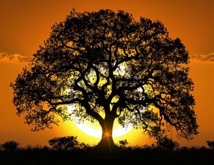 Wall Mural - A silhouette of a tree against a fiery sunset. AI.