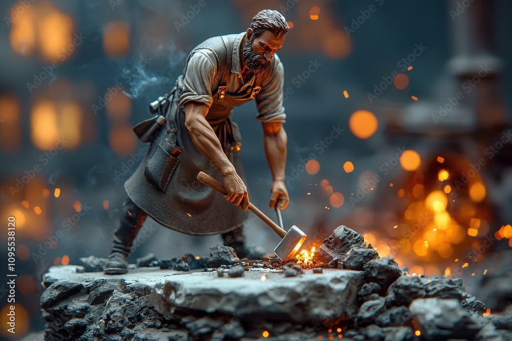 A skilled blacksmith hammers hot metal at a forge, surrounded by glowing sparks. The dim evening ambiance emphasizes the artistry of metalwork, showcasing craftsmanship and strength.