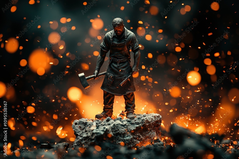A skilled blacksmith stands amidst glowing embers, focused on his craft. The intense heat from the forge contrasts with the dark surroundings, creating a captivating and powerful atmosphere.