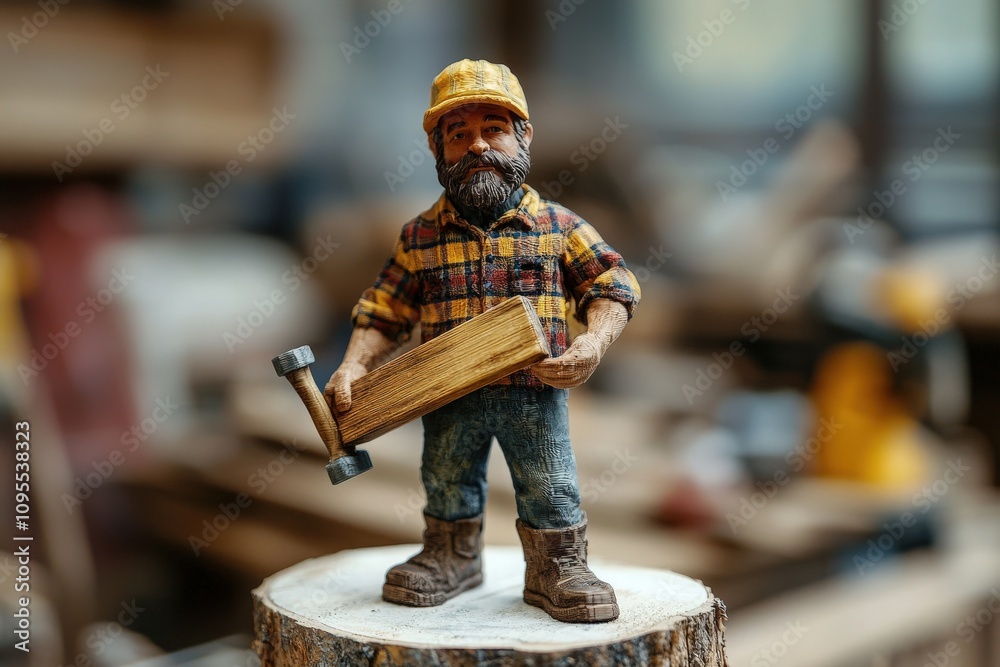 A skilled craftsperson stands on a log in a workshop, holding a wooden plank with a confident expression. Surrounding tools and materials create a busy yet organized atmosphere.