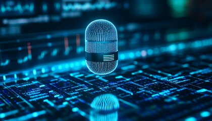 Poster - A futuristic microphone floating above a digital interface, symbolizing audio technology.