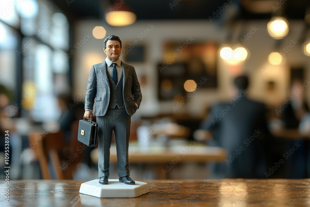 A detailed figurine of a businessman dressed in a suit stands on a table in a cafe. Soft lighting and a lively atmosphere create a warm ambiance with patrons in the background.