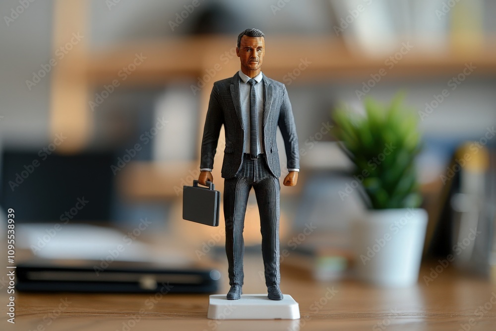 A detailed figurine of a man in a suit holds a briefcase while standing on a desk. The office background features a plant and blurred documents, emphasizing a professional environment.