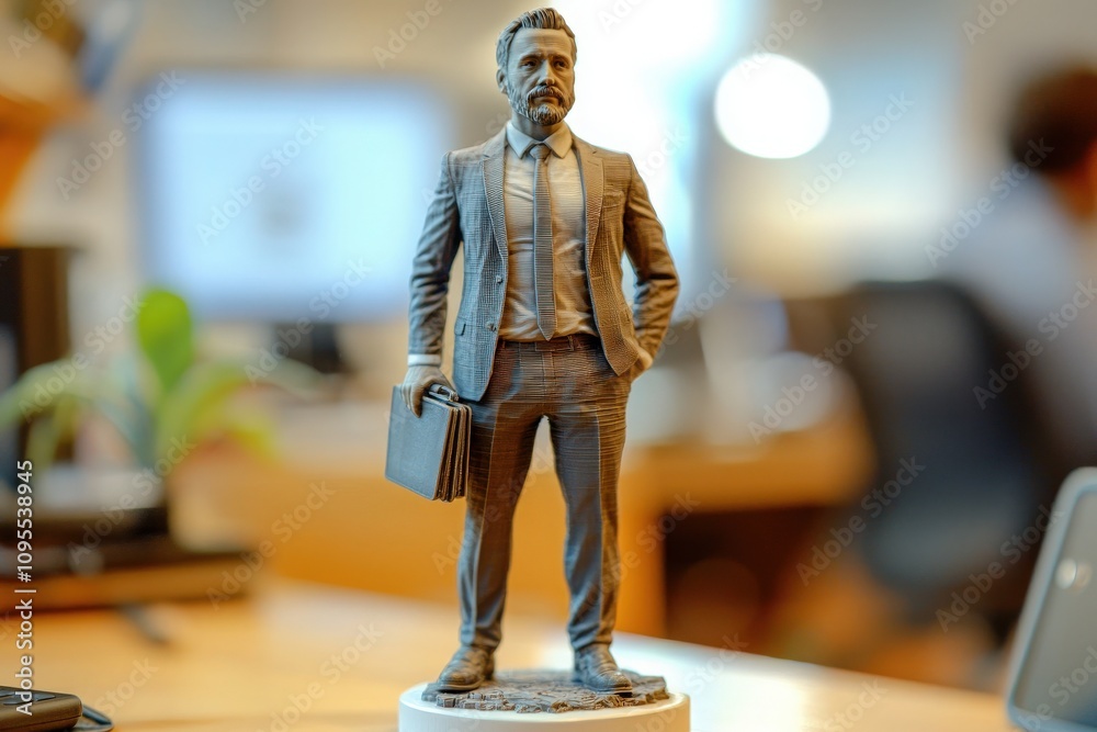 A finely detailed figurine of a businessman in formal attire stands on a desk in an office. The background features blurred workspaces, suggesting an active environment.