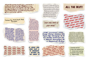 Wall Mural - ripped paper strips with handwritten text. realistic crumpled paper scraps with torn edges. shreds o