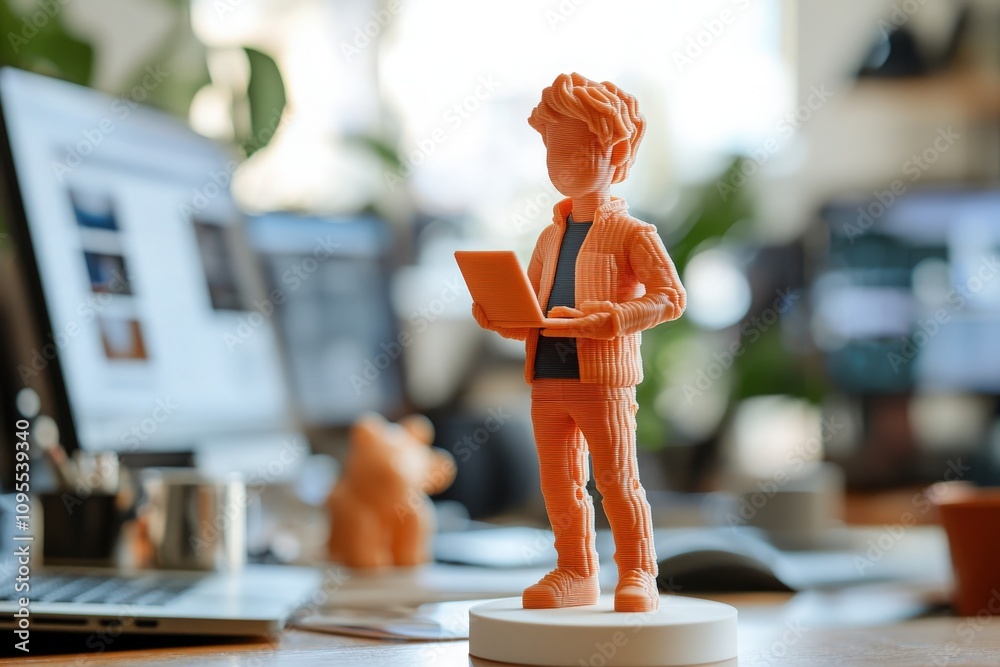 A vibrant, 3D printed figure stands on a desk, engaged with a laptop. Surrounding it are multiple monitors and office supplies, showcasing a modern workspace filled with creativity.