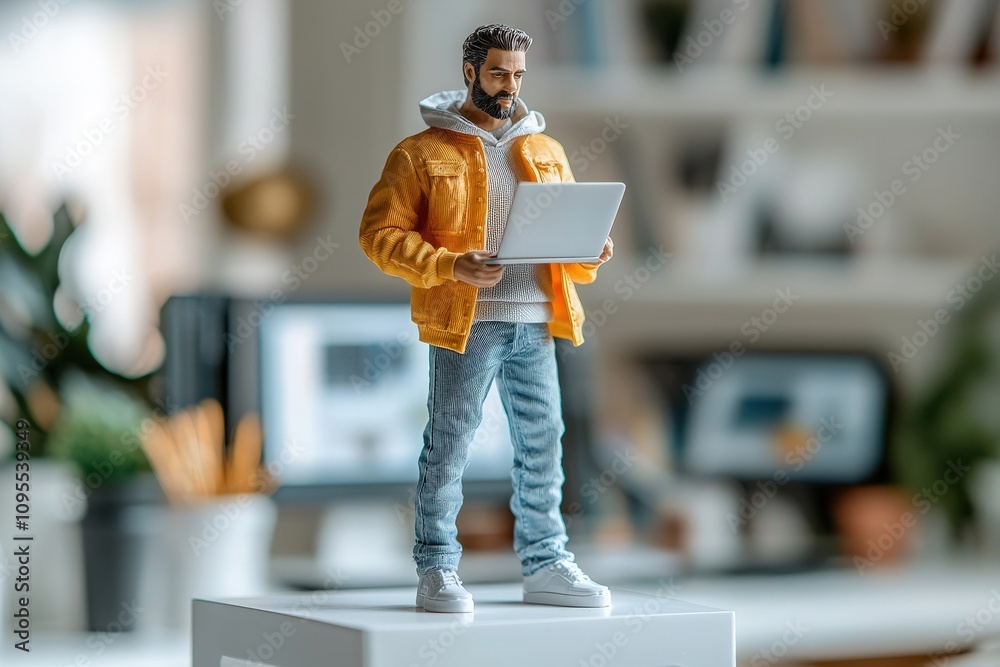 A detailed figure of a man stands on a white pedestal, wearing an orange jacket and holding a laptop in a contemporary office. The background showcases a stylish workspace with greenery.
