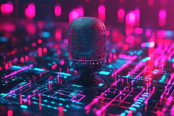 Poster - A microphone sits on a digital circuit background, illuminated with vibrant pink and blue lights.