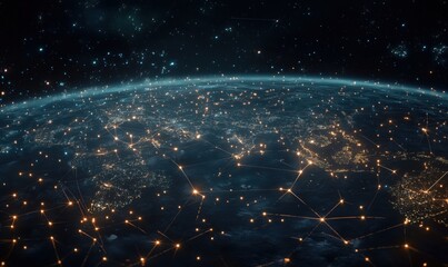 Poster - Global network connections illuminated over Earth, showcasing interconnected cities and regions, starry background, digital representation of data flow.