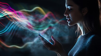 Poster - A woman interacts with a smartphone, surrounded by colorful digital waves and smoke.