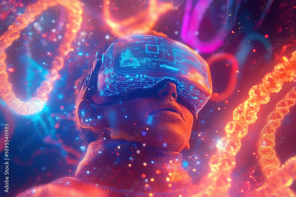 A person is fully immersed in virtual reality, wearing a futuristic headset while surrounded by vivid, swirling lights and digital patterns. The dynamic atmosphere enhances the virtual experience.