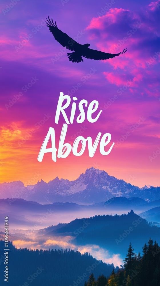 A vibrant sunset paints the sky in shades of pink, purple, and orange as an eagle glides gracefully over a breathtaking mountain range. The scene captures the essence of freedom and beauty.