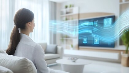 Poster - A woman watching a futuristic TV displaying digital data and graphics in a modern living room.