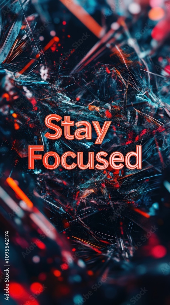 Abstract artwork featuring dynamic colors and textures encourages viewers to concentrate on their aspirations. The phrase Stay Focused is prominently displayed in an engaging manner.