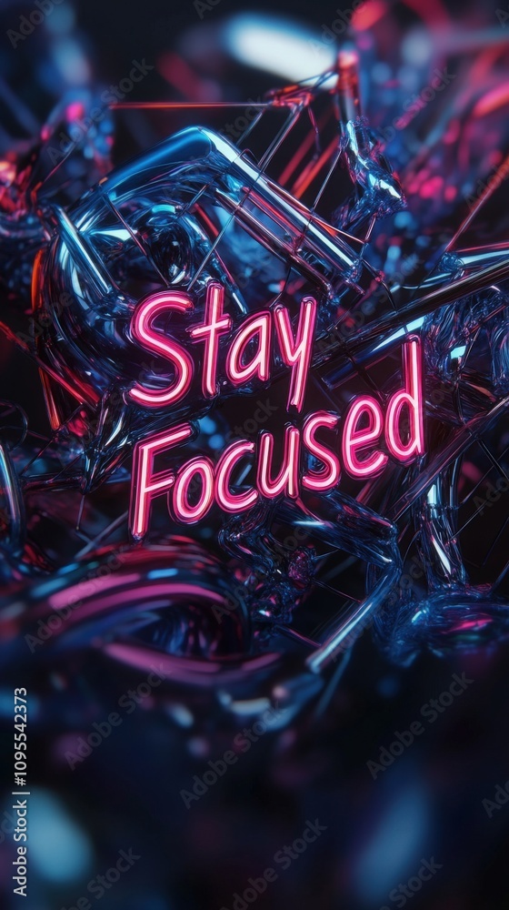 Colorful neon text reads Stay Focused amidst an abstract background of interwoven shapes. The dynamic visuals create an engaging and motivational atmosphere perfect for creative projects.