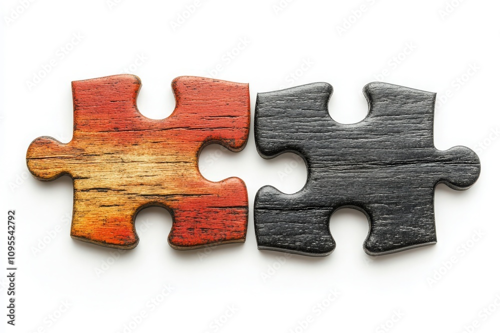 Two pieces of a wooden puzzle, one in a warm orange tone and the other in a dark hue, are aligned perfectly to showcase unity and collaboration in problem-solving.