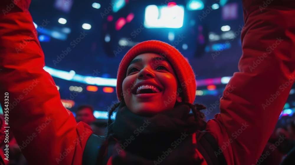 A young woman, wearing a red beanie and a warm jacket, beams with joy amidst a crowd at an energetic indoor concert. Colorful lights illuminate her excited expression as she raises her arms.