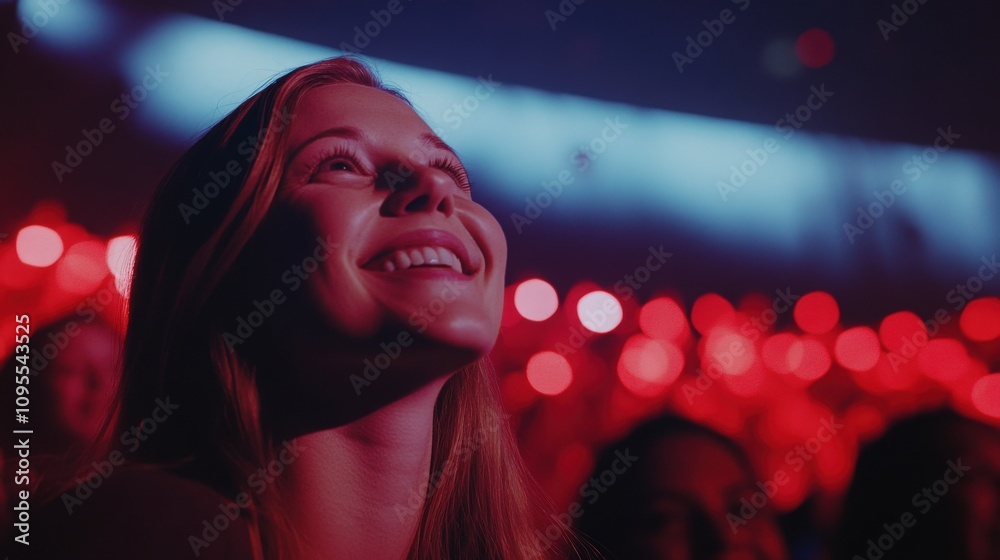 A young woman smiles brightly while watching a live concert, surrounded by an enthusiastic crowd. The atmosphere is electric, enhanced by red lights and the energy of music.