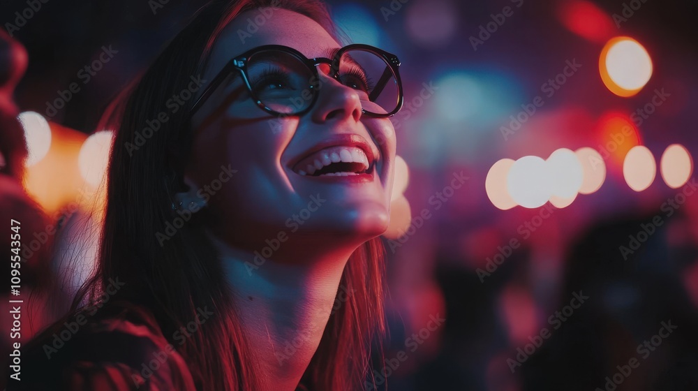 A young woman in stylish glasses beams with joy as she enjoys the lively atmosphere of an evening event. Colorful lights create a festive ambiance around her.