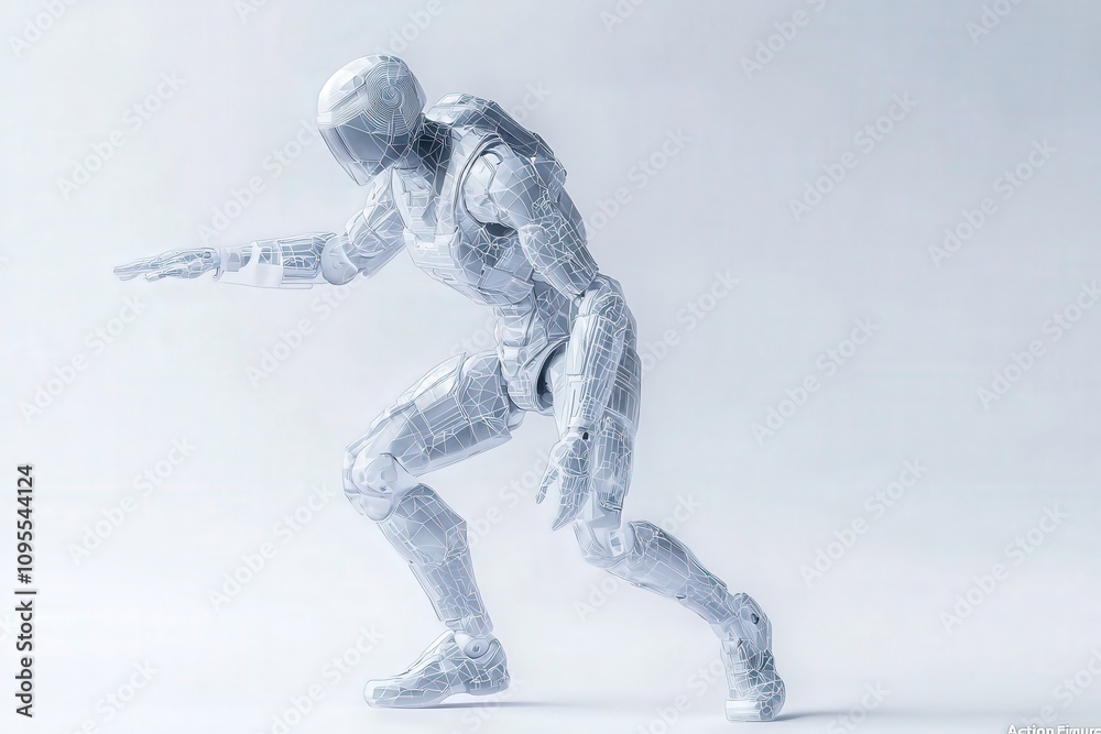 A humanoid robot is depicted in a running stance, showcasing a sleek, transparent design. The minimalist background emphasizes the robots advanced features and technology.