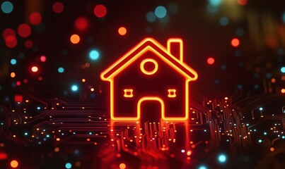 Poster - Neon house icon on circuit board background, vibrant colors, digital technology theme, glowing lights, modern design