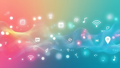 Aufkleber - Abstract digital background featuring various technology and communication icons.