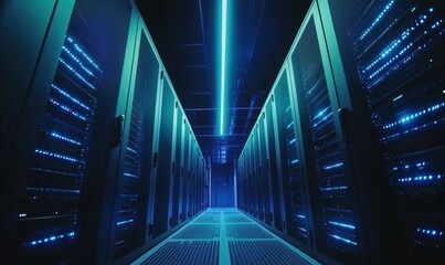 Poster - Data center corridor with illuminated servers, futuristic technology, blue lighting, rows of server racks, high-tech environment