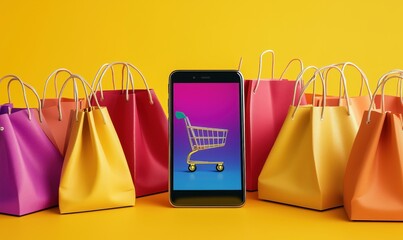 Poster - Shopping bags surrounding smartphone with shopping cart graphic, vibrant colors, modern online shopping concept