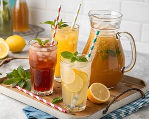 Poster - Assorted refreshing summer drinks in colorful cups with ice and lemon slices. Perfect for beverage advertisements or seasonal campaigns