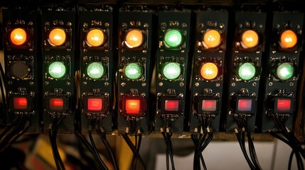 Poster - Control Panel with Colorful Indicator Lights Displaying Operational Status in a Modern Industrial Setting for Technical and Engineering Illustrations