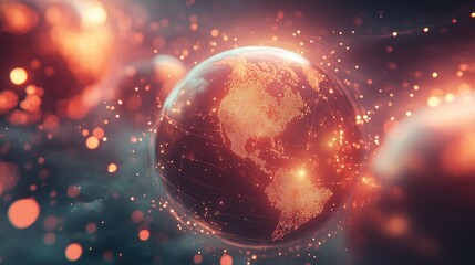 Poster - Digital Representation of the Earth with Glowing Particles and a Cosmic Background, Highlighting North America in a Futuristic Style