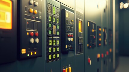 Poster - Control panel with various dials, buttons, and lights in a modern industrial setting showcasing the complexity of technology and engineering systems