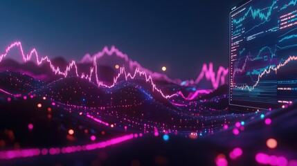 Poster - Abstract Financial Data Visualization with Colorful Wave Patterns, Graphs and Trading Information on a Digital Interface against a Dark Background