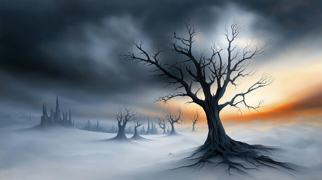 A surreal and haunting painting of a desolate and forgotten world, overgrown with vines and vegetation