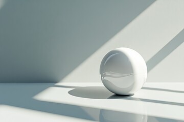 Poster - Minimalist white sphere casting shadows on a surface under soft natural light in a serene setting. Generative AI