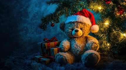 Wall Mural - A cozy teddy bear in a Santa hat sits by a Christmas tree, surrounded by colorful gifts, illuminated by soft lights.