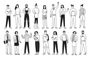 set of doodle funny characters, diversity people in different activities. businessmen, office worker