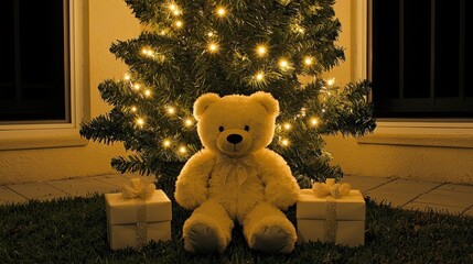 Wall Mural - A cozy teddy bear sits under a softly lit Christmas tree surrounded by wrapped gifts, creating a warm holiday atmosphere.