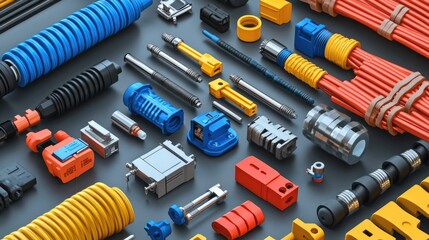 Poster - Colorful collection of various mechanical components and tools, including hoses, connectors, and fittings arranged neatly on a gray background for industrial or engineering use.