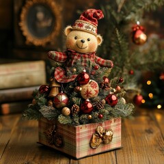 Wall Mural - A festive bear-themed arrangement featuring ornaments, pinecones, and greenery in a decorative box, perfect for holiday celebrations.