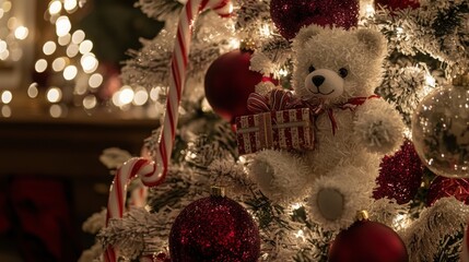 Wall Mural - A cozy Christmas tree adorned with festive decorations, including red ornaments and a cute teddy bear holding a gift, creating a warm holiday atmosphere.